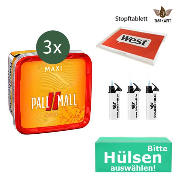 Pall Mall Volumentabak 3 x Maxi Box mit wählbaren Filterhülsen und Stopftablett